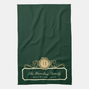 Elegant Family Reunion Gold Monogram Green Tea Towel