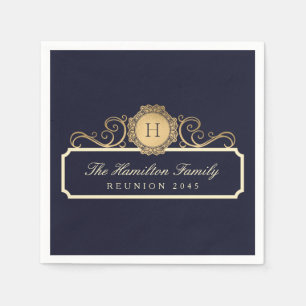 Elegant Family Reunion Gold Monogram Navy Napkin