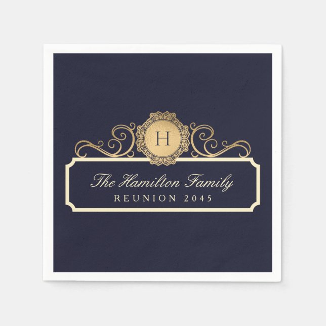 Elegant Family Reunion Gold Monogram Navy Napkin (Front)