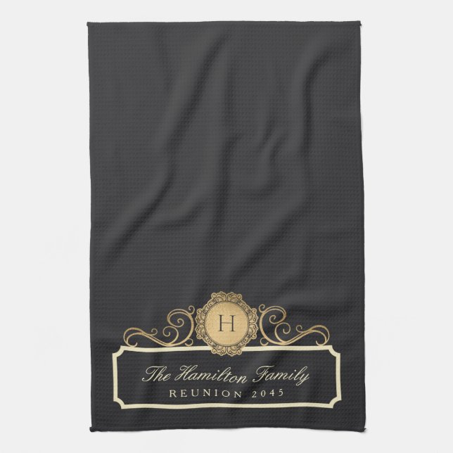 Elegant Family Reunion Monogram Charcoal Kitchen Tea Towel (Vertical)