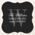 Elegant family reunion party gathering custom paper coaster<br><div class="desc">Elegant family reunion party gathering monogram drink coaster. Create your own paper coasters with monogrammed letter. Chic template with stylish script typography. Custom luxury table decor for family get together, genealogy, gathering, ancestry, meeting, bbq, heritage, party, dinner, evening, event, celebration etc. Black and white or custom colours. Bracket shape cutout...</div>