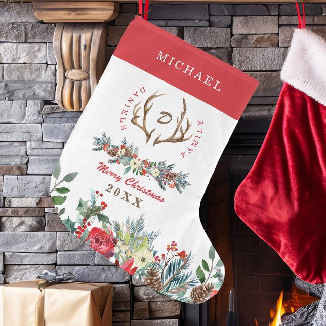 Elegant family seasonal rustic monogrammed large christmas stocking (Creator Uploaded)