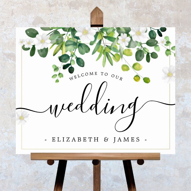 Elegant Fancy Script Watercolor Greenery Wedding Poster (Elegant Wedding Welcome Wedding Sign. Watercolor Eucalyptus design. Stylish calligraphy script.)