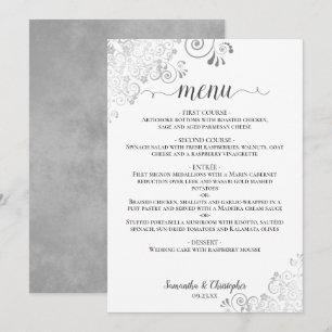 Elegant Fancy Silver Curls on White Chic Wedding Menu