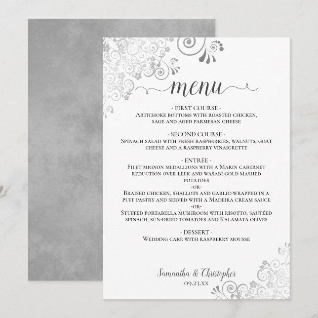 Elegant Fancy Silver Curls on White Chic Wedding Menu (Front/Back)