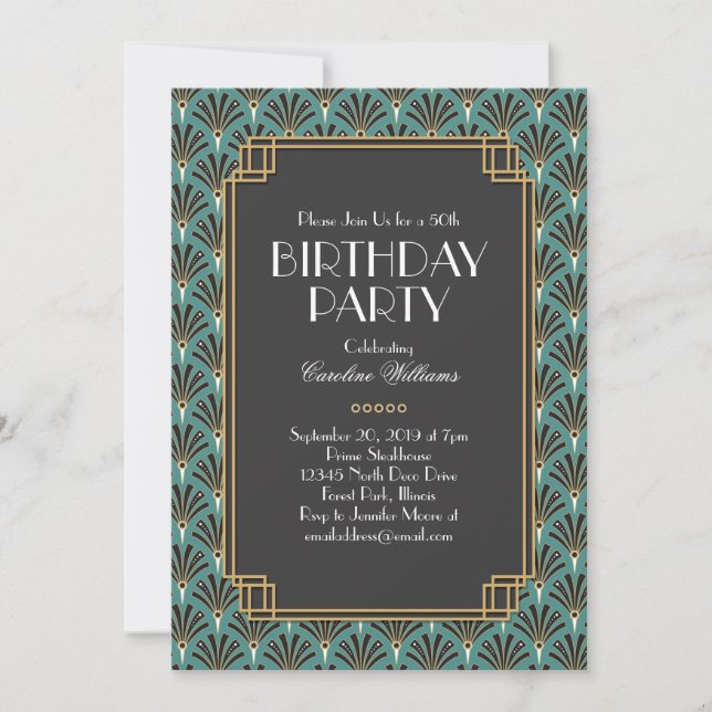 Elegant Fans Art Deco Birthday Party Teal Invitation (Front)