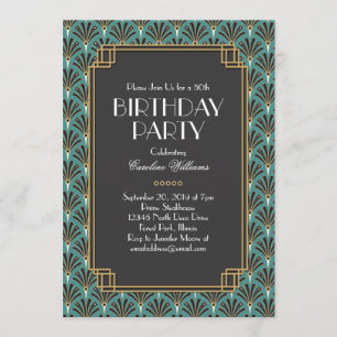 Elegant Fans Art Deco Birthday Party Teal Invitation