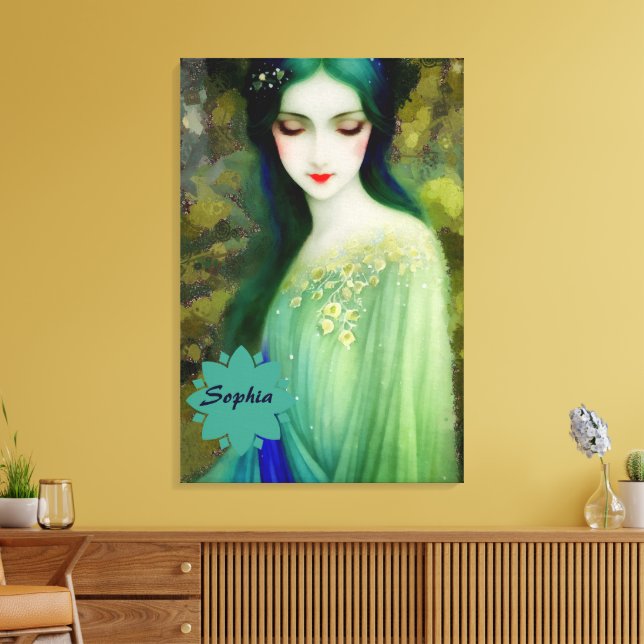 Elegant Fantasy Woman Portrait in Green and Blue Canvas Print (Insitu(LivingRoom))