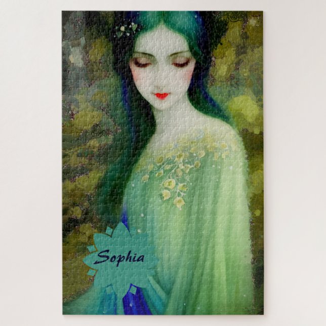 Elegant Fantasy Woman Portrait in Green and Blue Jigsaw Puzzle (Vertical)