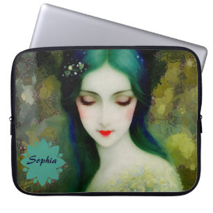 Elegant Fantasy Woman Portrait in Green and Blue Laptop Sleeve
