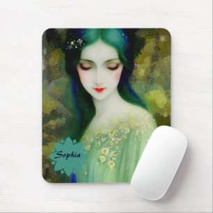 Elegant Fantasy Woman Portrait in Green and Blue Mouse Pad