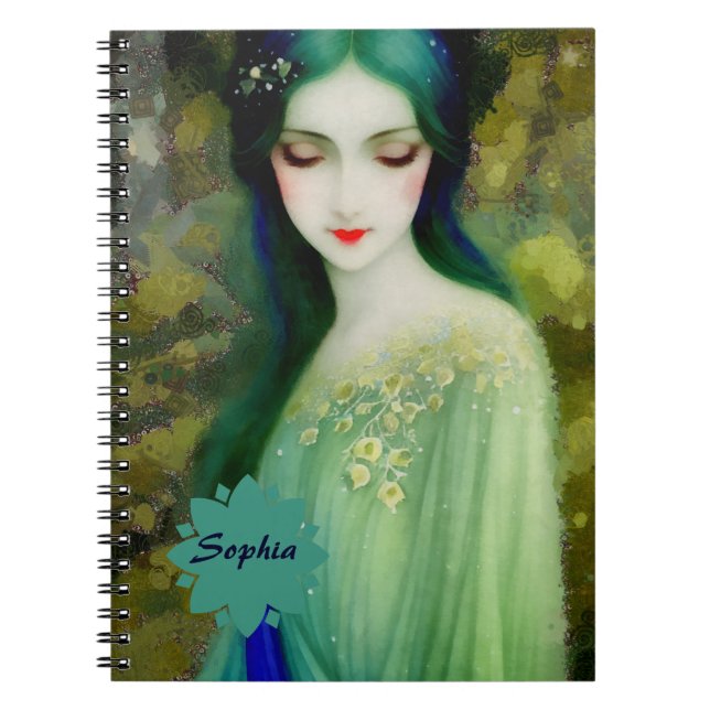 Elegant Fantasy Woman Portrait in Green and Blue Notebook (Front)