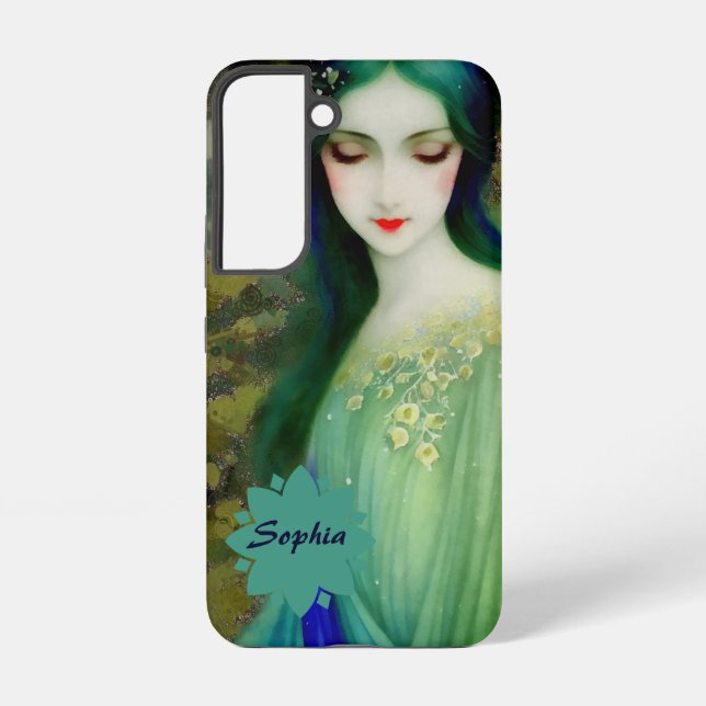 Elegant Fantasy Woman Portrait in Green and Blue Samsung Galaxy S22 Case (Back)