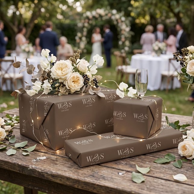 Elegant Farmhouse Brown initial wedding couples Wrapping Paper (Creator Uploaded)