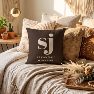 Elegant farmhouse brown monogram initials cushion