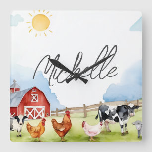 Elegant Farmhouse Red Barnyard Farm Animal Custom Square Wall Clock