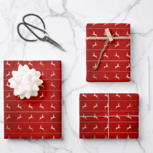 Elegant farmhouse red gold foil reindeer pattern wrapping paper sheet