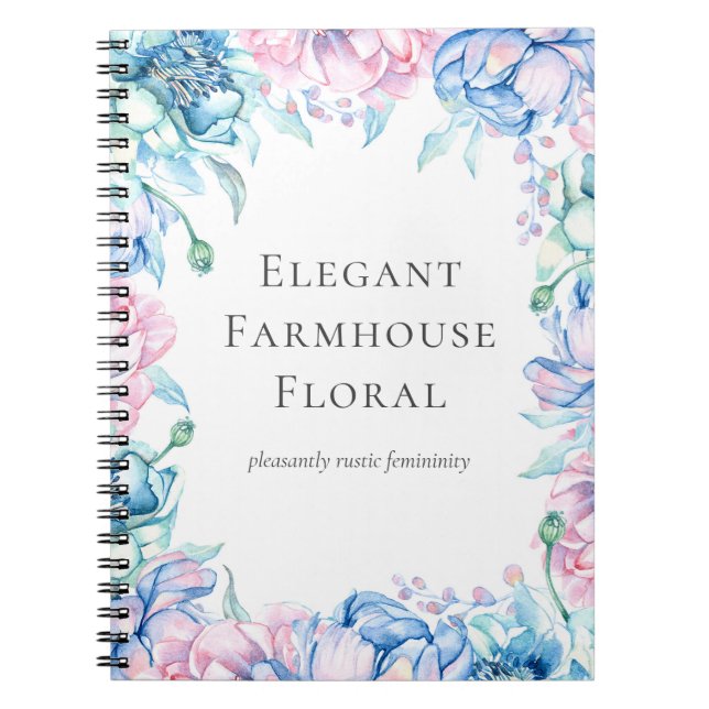 Elegant Farmhouse Watercolor Floral Peony Flowers Notebook (Front)