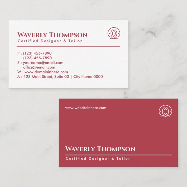 Elegant Fashion Tailor Designer Red Pink White  Business Card (Front/Back)
