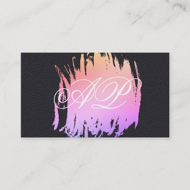 Elegant Faux Black Leather Brushed Colour Monogram Business Card (Front)