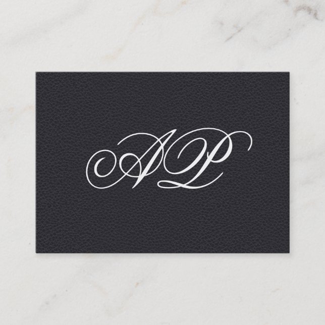 Elegant Faux Black Leather with Luxe Monogram Business Card (Front)