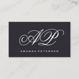 Elegant Faux Black Leather with Luxe Monogram Business Card