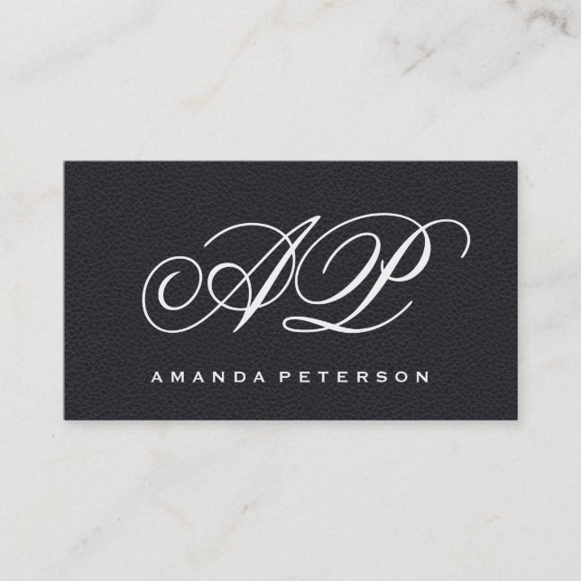 Elegant Faux Black Leather with Luxe Monogram Business Card (Front)