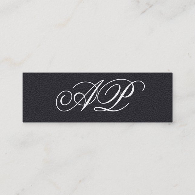 Elegant Faux Black Leather with Luxe Monogram Mini Business Card (Front)