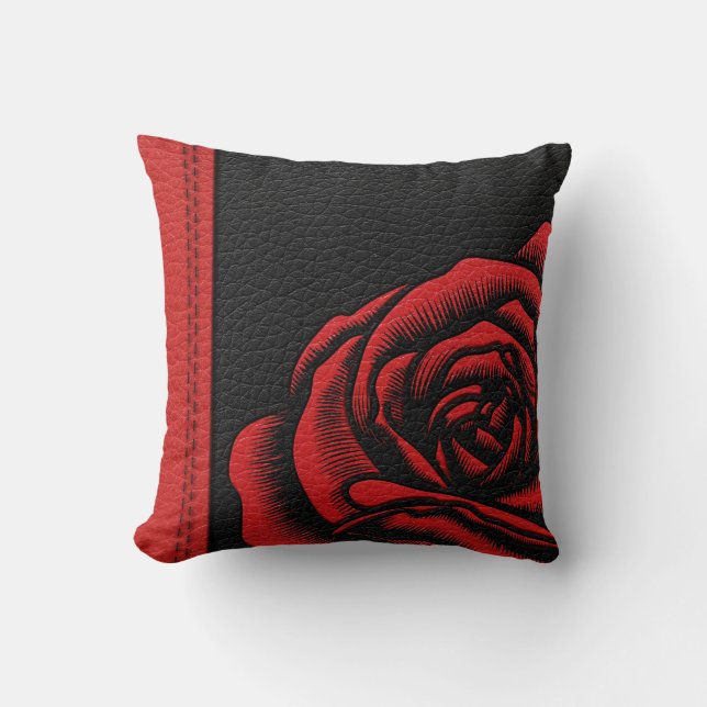 Elegant Faux Black Red Leather Rose Cushion (Front)