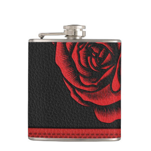 Elegant Faux Black Red Leather Rose Hip Flask