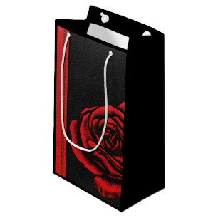 Elegant Faux Black Red Leather Rose Small Gift Bag