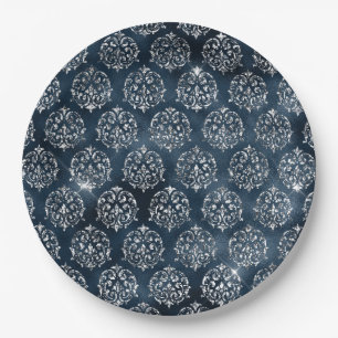 Elegant Faux Blue Foil Silver Christmas  Paper Plate