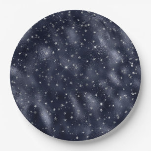 Elegant Faux Blue Foil Silver Stars Christmas Paper Plate