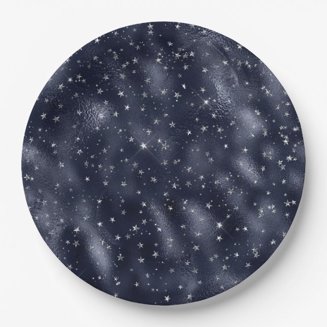 Elegant Faux Blue Foil Silver Stars Christmas  Paper Plate (Front)