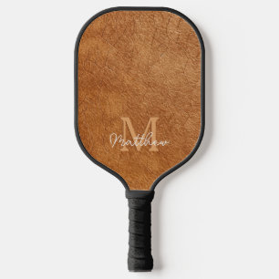Elegant Faux Brown Leather Texture Personalised Pickleball Paddle