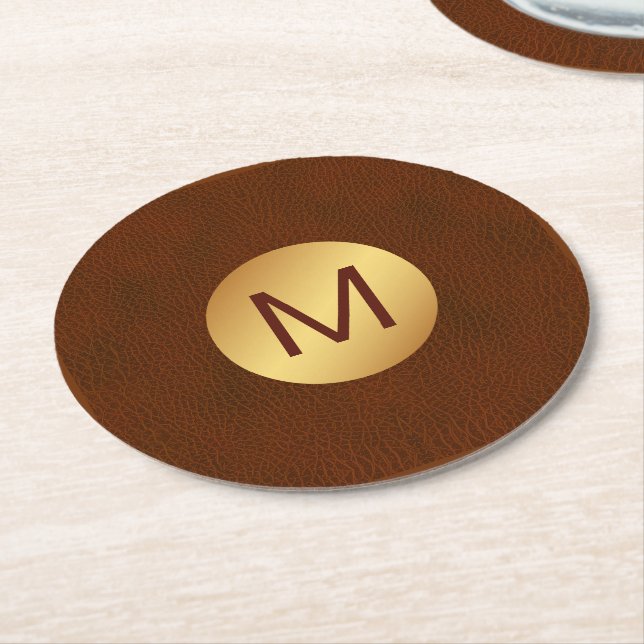 Elegant Faux Brown Texture & Gold Initial Name Round Paper Coaster (Angled)