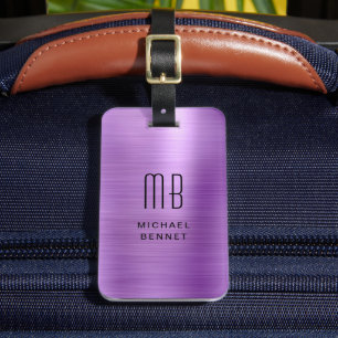 Elegant Faux Brushed Metal Purple Monogram Luggage Tag