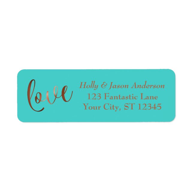 Elegant Faux Copper Foil Love Script w/ Turquoise (Front)