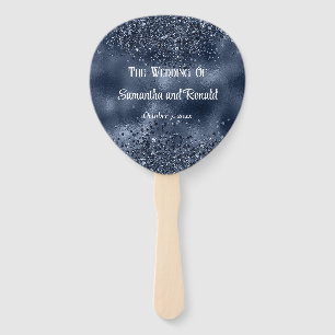 Elegant Faux Dark Blue Glitter and Foil Wedding Hand Fan