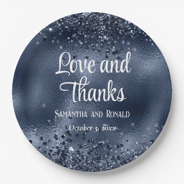 Elegant Faux Dark Blue Glitter and Foil Wedding Paper Plate (Front)