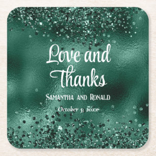 Elegant Faux Dark Green Glitter and Foil Wedding Square Paper Coaster