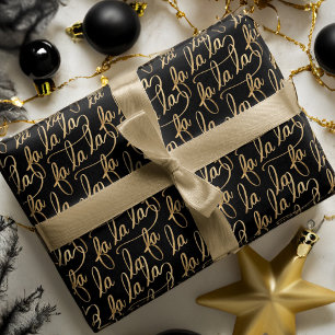 Elegant Faux Fa la Script Typography Black & Gold Wrapping Paper