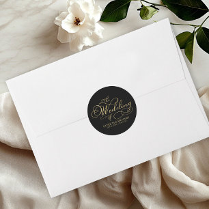 Elegant Faux Foil Black Gold Calligraphy Wedding Classic Round Sticker