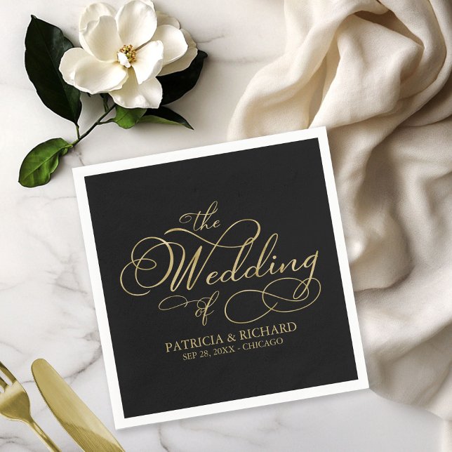 Elegant Faux Foil Black Gold Calligraphy Wedding Napkin (Creator Uploaded)