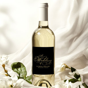 Elegant Faux Foil Black Gold Calligraphy Wedding Wine Label