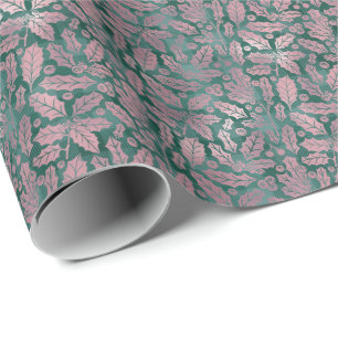 Elegant Faux Foil Christmas Plaid Botanicals Wrapping Paper