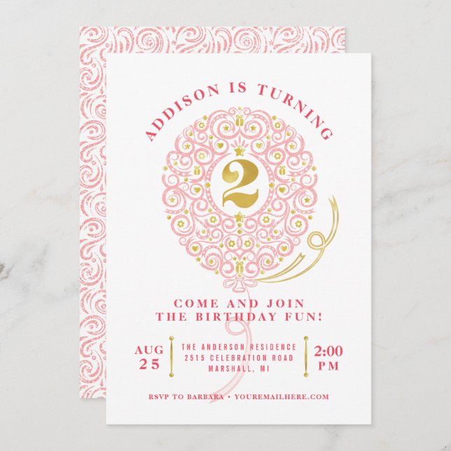 Elegant Faux Foil Lacy Balloon 2nd Birthday Party Invitation (Front/Back)