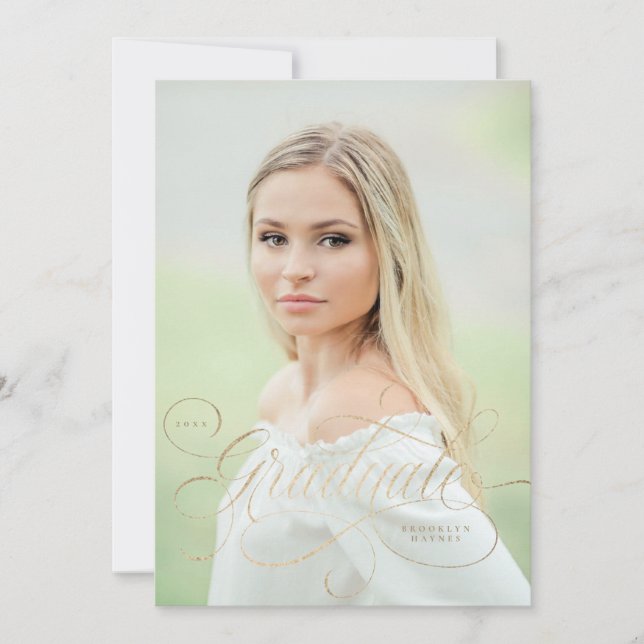 Elegant faux-foil script single photo graduation invitation (Front)
