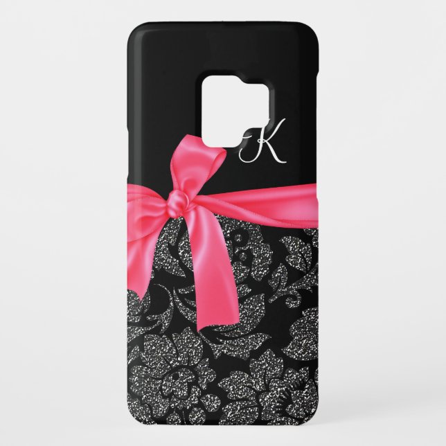 Elegant Faux Glitter Damask Girly Hot Pink Bow Case-Mate Samsung Galaxy Case (Back)
