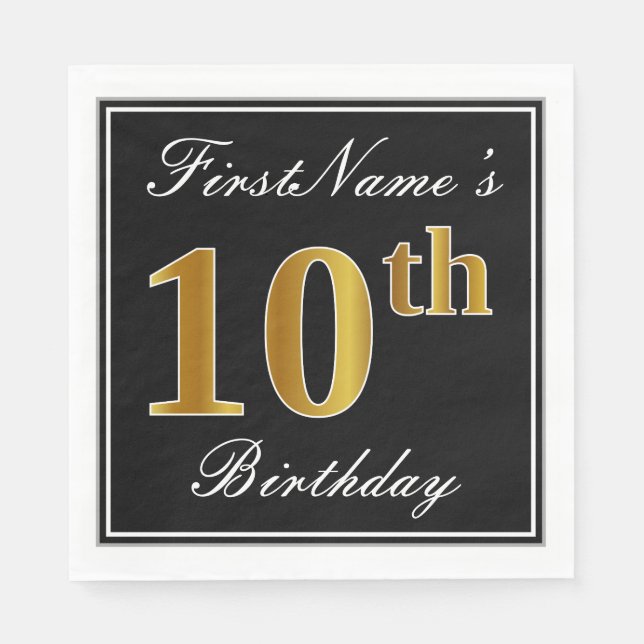 Elegant, Faux Gold 10th Birthday + Custom Name Napkin (Front)